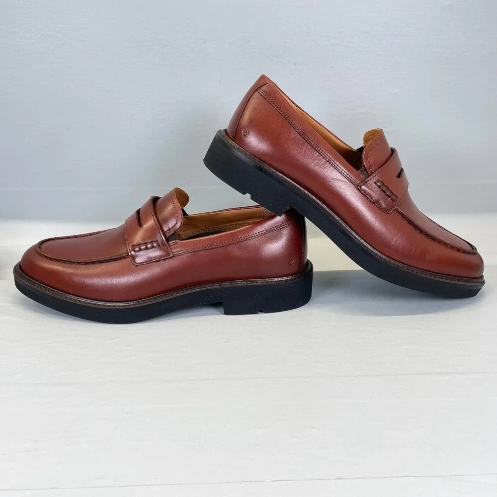 Ecco Metropole London Penny Loafers Mens Size 42 US 8 Brown Leather Dress Shoes